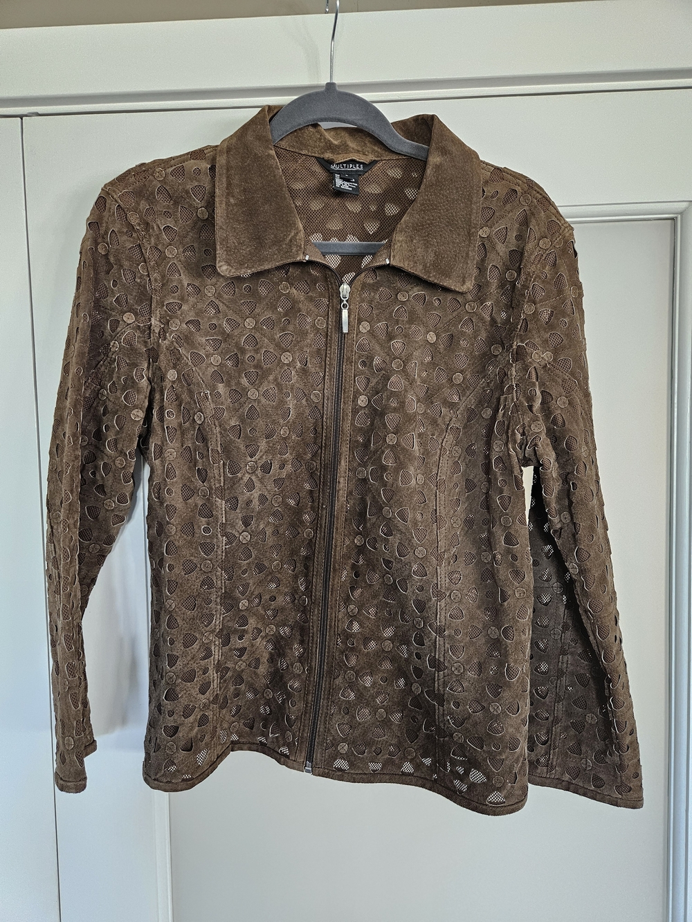 Vintage "MULTIPLES" Chocolate Brown Laser-Cut Suede Zip Jacket